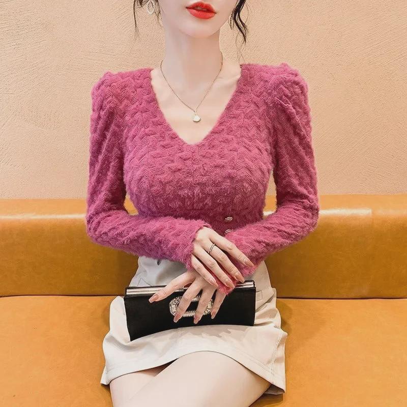 Kadın Fransız Kabarık Kollu Dantelli V Yaka Dar Kesim Uzun Kollu Üst - Sonbahar Koleksiyonu