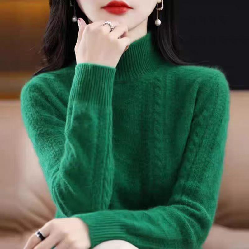 Half Turtleneck Sweater Thickened Knitted Sweater for Women In Autumn and Winter Solid-colored Top and Loose Warm Pullover