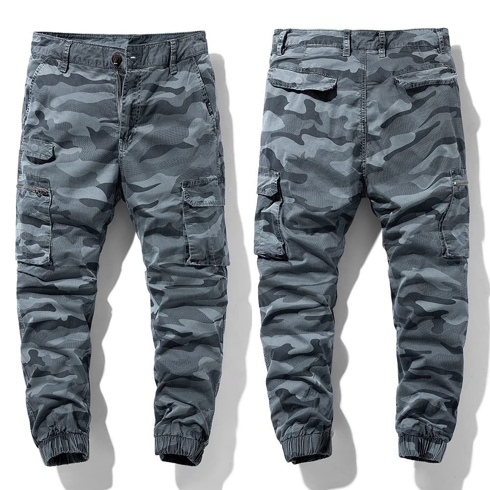 Hisokamoro Men's Camouflage Cargo Pants, Long Work Pants, Camouflage Tactical Pants, Army Style, Cotton, Slim Fit, Gray, BL0729-A656GRAY-29