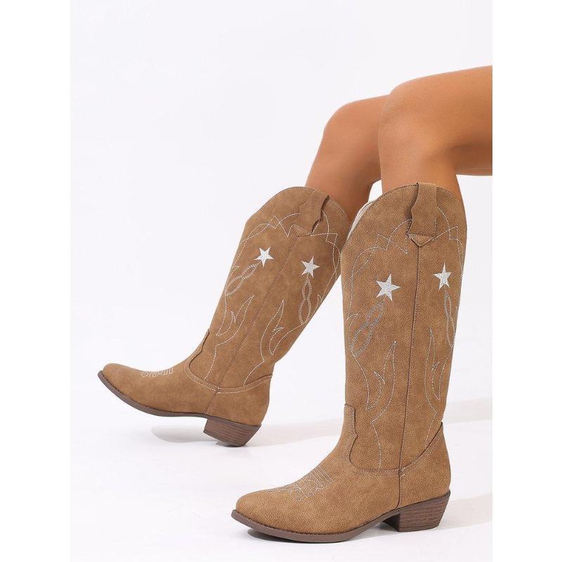 Foreign Trade Large Size Star Totem Embroidered High Leather Boots Women's European and American Style Sewing Thread Pointed Thick Heel Western Boots