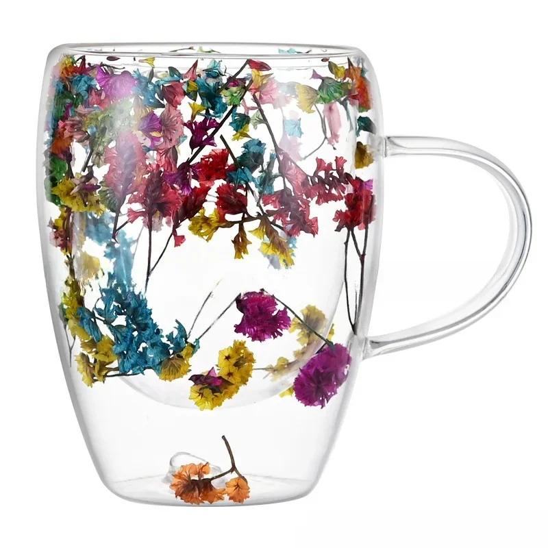 350ML Glastasse Kreativer Doppelwandiger Kaffeebecher Trockenblumen Füllbecher Tee Kaffeetasse mit Henkel Hitzebeständige Tasse Geschenk