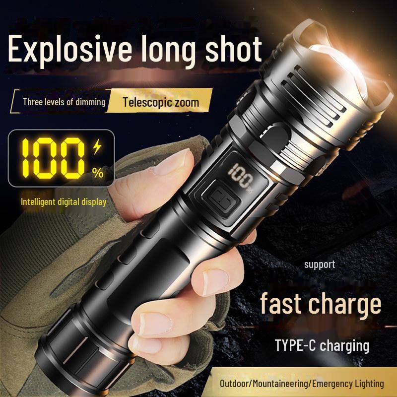 High-Power Rechargeable White Laser Flashlight with Digital Display for Outdoor Use