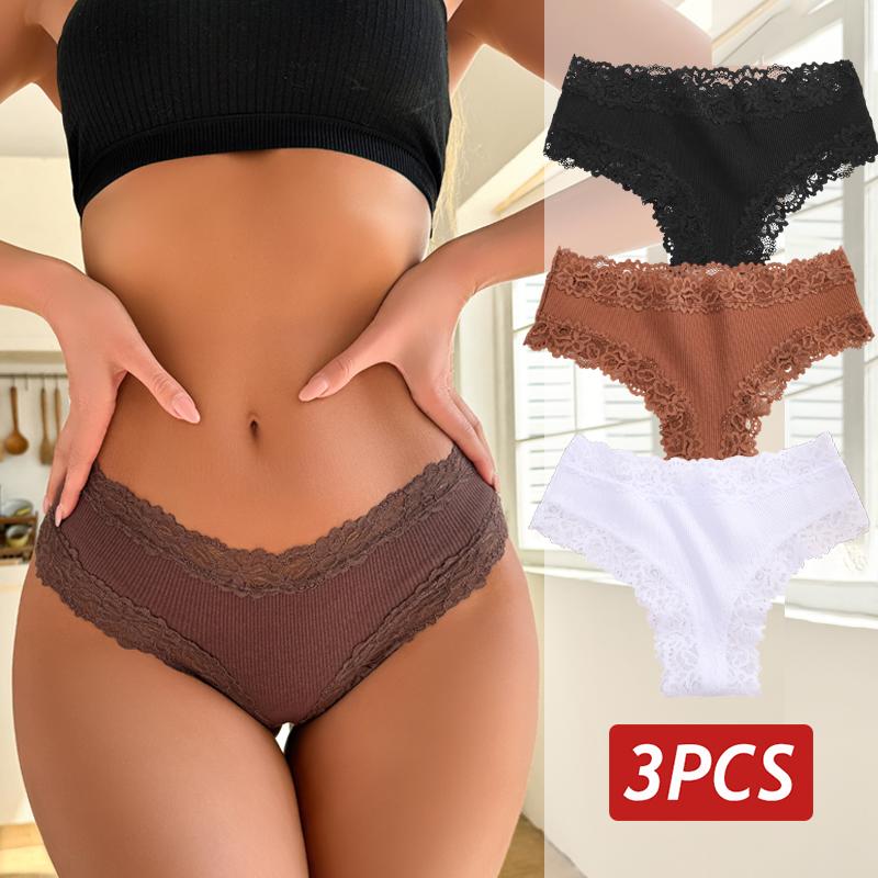 

3 шт./набір Сексуальні мереживні трусики для жінок Бавовняні бразильські трусики Жіноча білизна з низькою посадкою Дихаюча білизна Однотонні кольори Квіткове мереживо L&3pcs