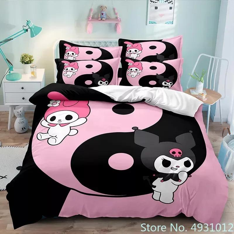 Sanurgente Kuromi Melody Bedding Set Pillowcase Anime Bedclothes Cartoon 3D Printed Kids Adult Boys Quilt Duvet Cover Gift