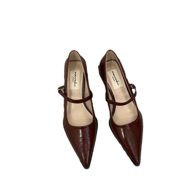 High heels women's thick heel medium heel pointed single shoes new spring one-word buckle Mary Jane small leather shoes