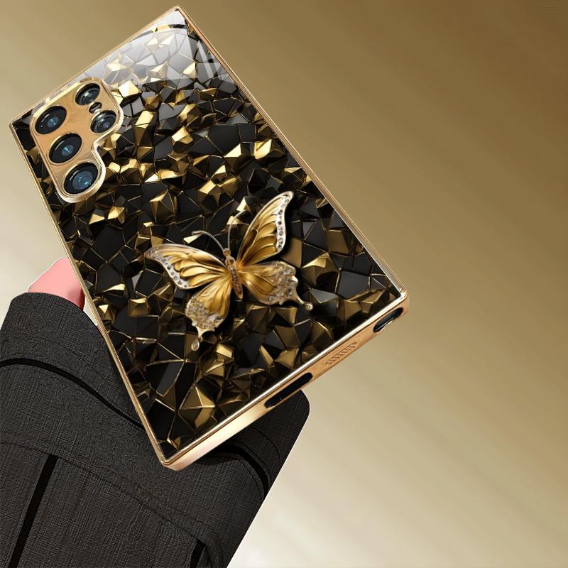 Gold-plated tempered glass phone case  compatible Galaxy S26 S25 S24 S23 S22 Ultra Plus. Elegant black gold design.