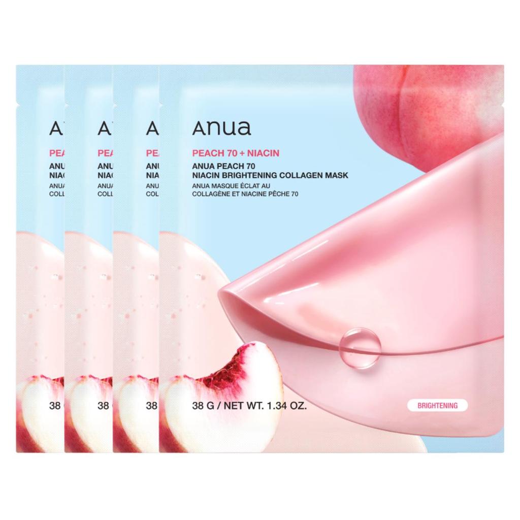 Anua Peach 70 Niacin Brightening Collagen Mask 38g (1ea*4set) Hydrating Hydrogel Sheet Mask, 38g x 4ea