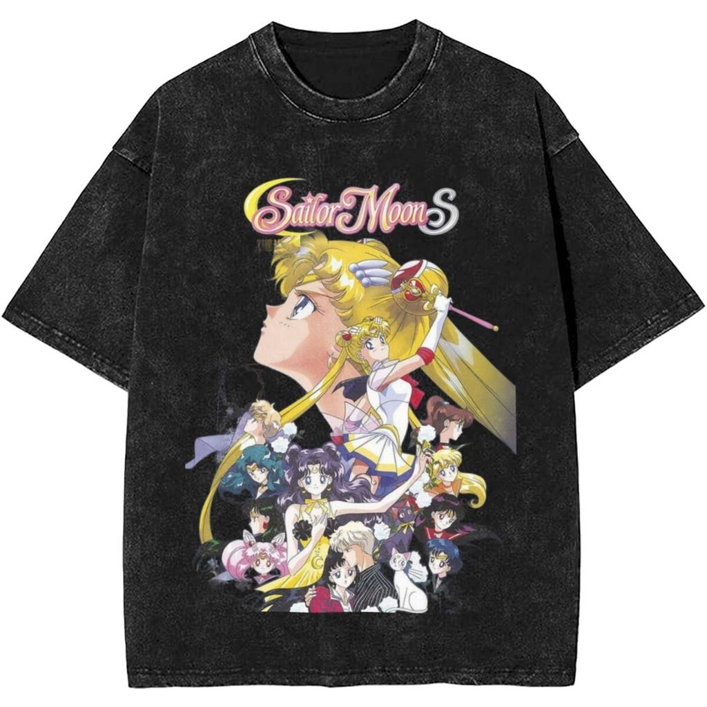 Sailor Moons Vintage Vasket T-skjorte Menn Kvinner 100% Bomull Casual T-skjorte O-hals Anime Tees Kortermet Klær Pluss Størrelse