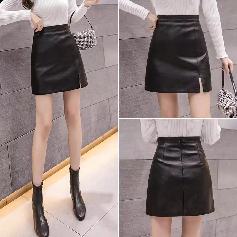 

Petite High-Waist Black Leather A-Line Skirt - Autumn/Winter Wrap with Hip Split 2XL