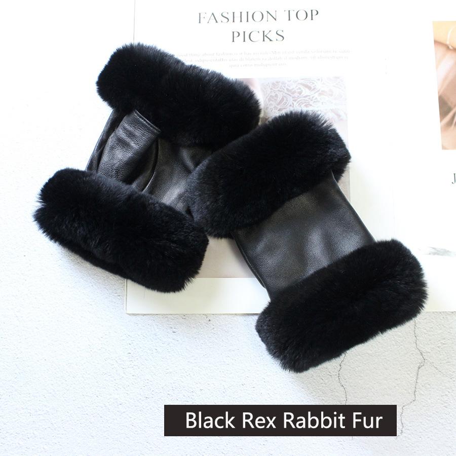 Fashionable New Sheepskin Fingerless Gloves Women's Black Leather Rabbit Fur Velvet Lined Winter Warm Short Half Finger Gloves