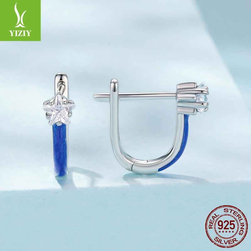 

Серьги-клипсы из стерлингового серебра 925 пробы с голубой звездой, женские, популярные, блестящие серьги-пентаграммы 925 silver