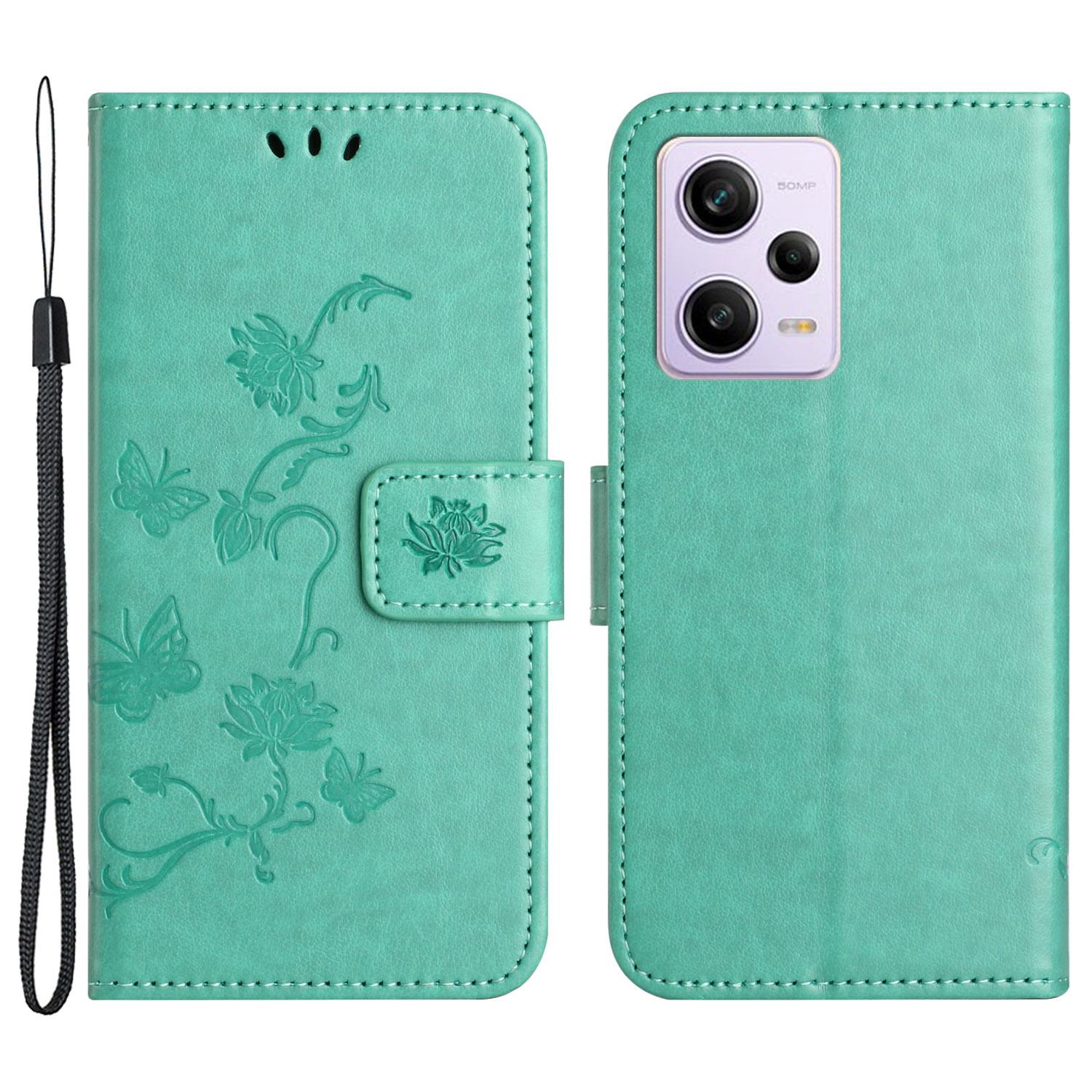 

Shockproof Phone Case For Xiaomi Redmi Note 12 Pro+ 5G,PU Leather Phone Cover with Imprinted Butterfly Flower Pattern and Stand Wallet Cyan