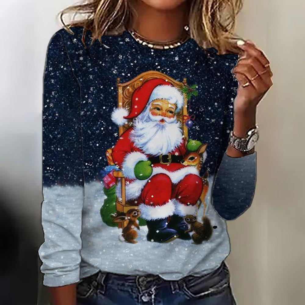 2025 Winter Women Loose Round Neck Long Sleeve T Shirts Fashion Casual 3D Santa Claus Gift Pattern Printed Christmas Party Tops