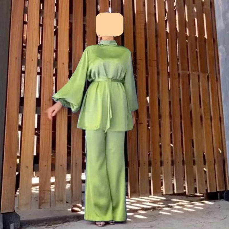 

Fashion Wind New Arrival Shoelace Pure Color Tops Long Two-Piece Pants Lace up Top Trousers Suit Olive green M