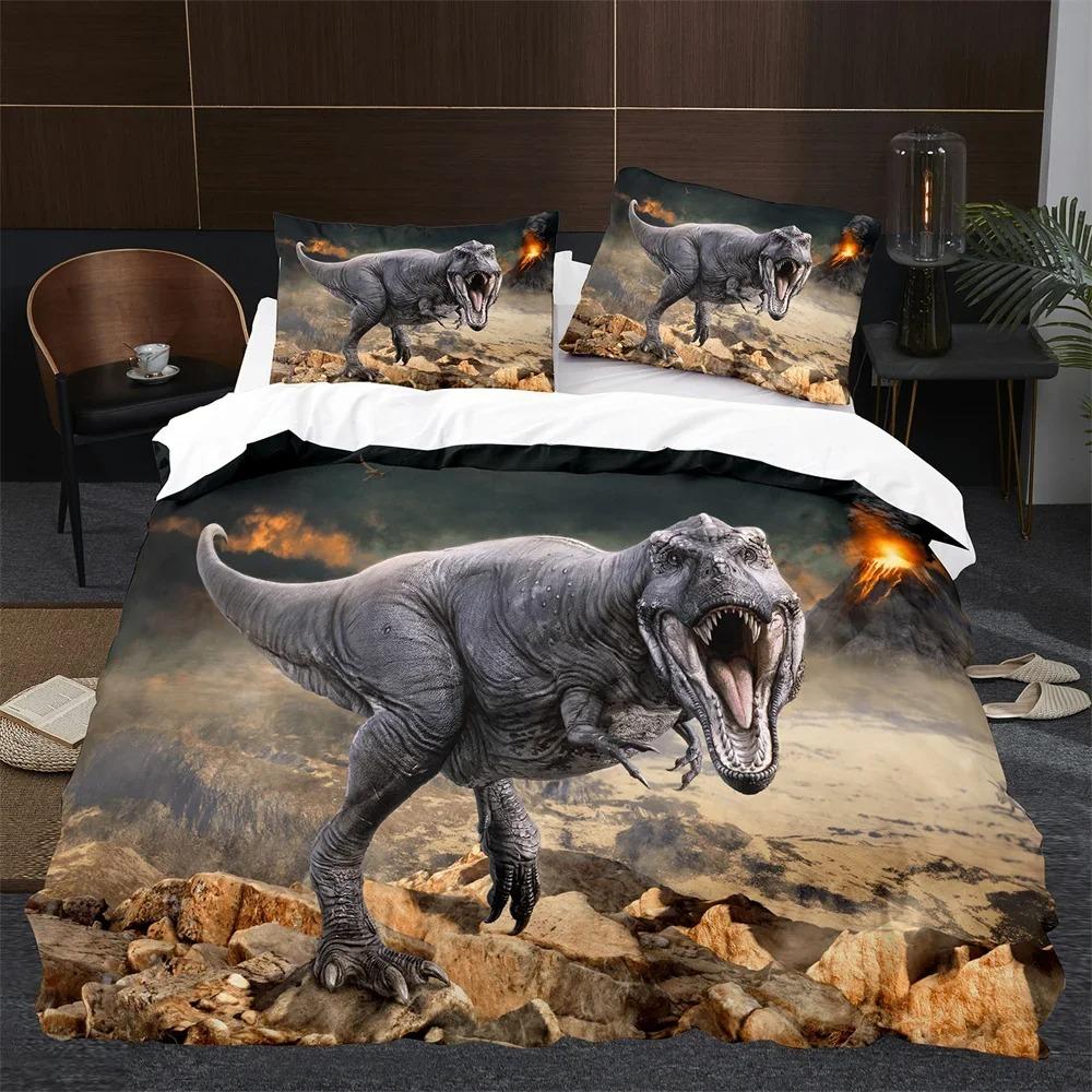 BCartoon Dinosaur Duvet Cover King Queen Size Jurassic World Theme Bedding Set for Kids Boys Ancient Animal Polyester Quilt Cove