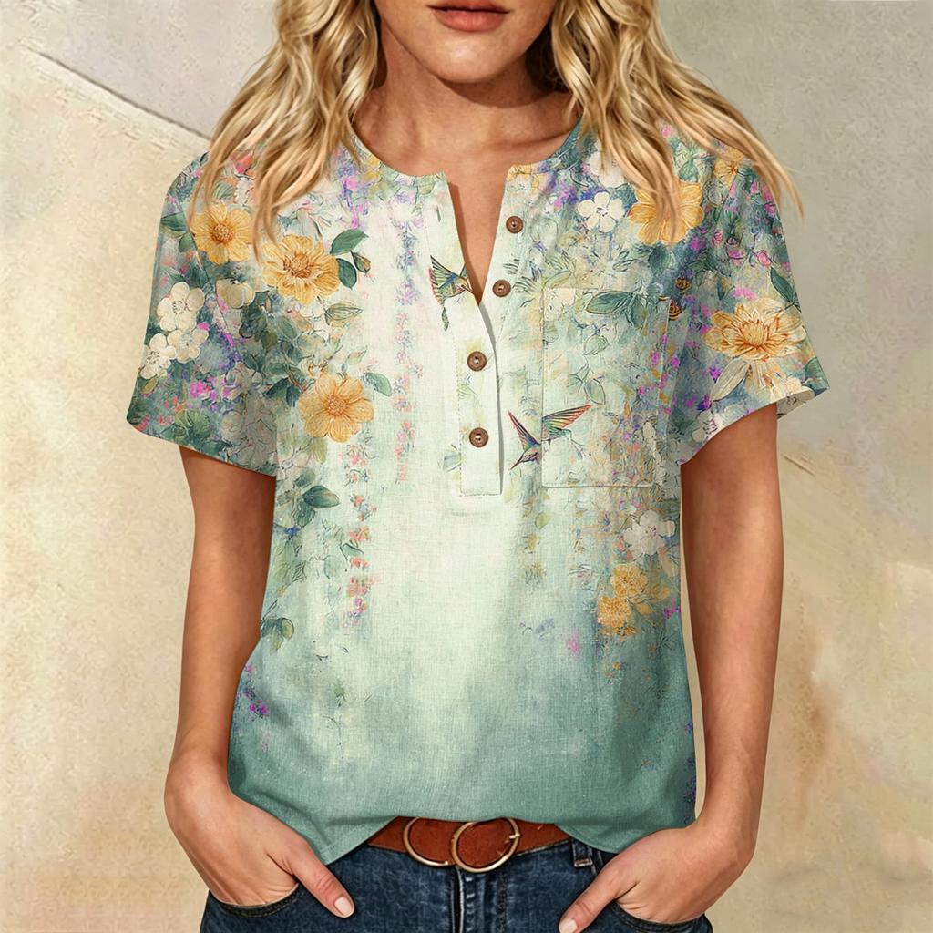 Damenmode Bedrucktes kurzärmeliges Baumwoll-Leinen-Henley-Shirt mit Knopfleiste und Brusttasche für Freizeitkleidung