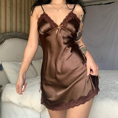 Drukowany kwiat koszulka bielizna nocna koszula nocna krótkie letnie seksowne Spaghetti Sling Homewear satynowa koronkowa Patchwork kobieca koszula nocna