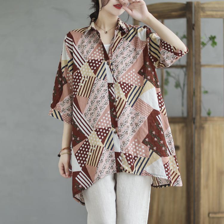 

MOJTA Летняя блузка с пятиточечным рукавом женская хлопковая рубашка большого размера с принтом однобортная свободная футболка one size