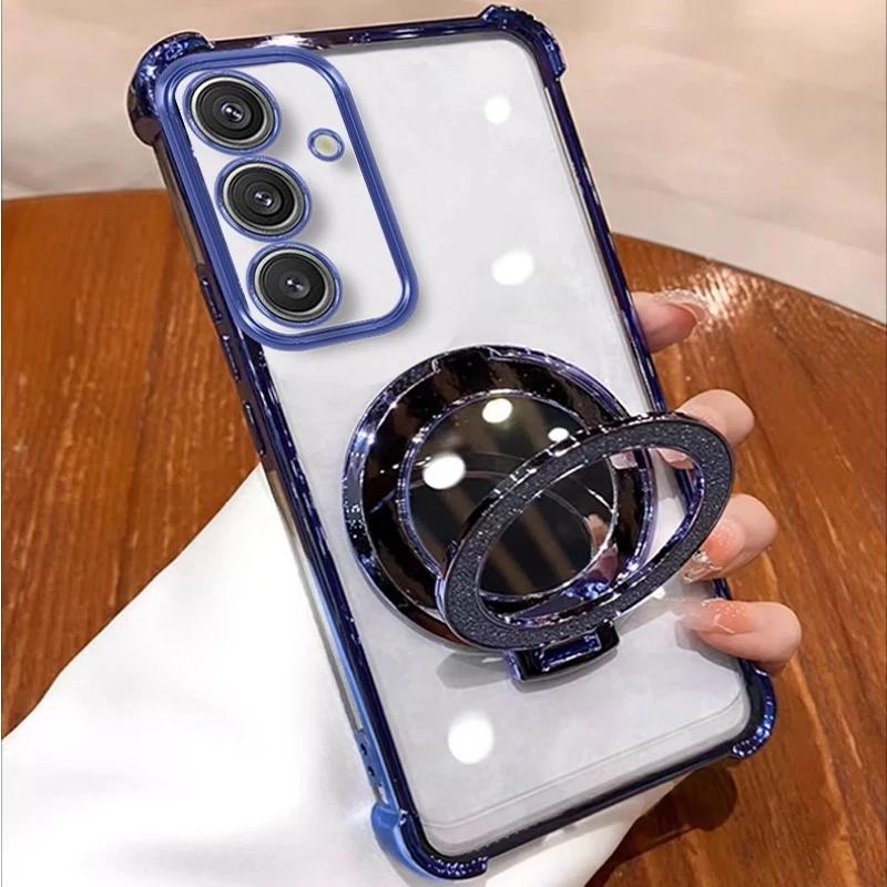 Glitter Mirror Holder Case For Samsung S25FE A56 A36 A17 A07 A26 A25 A55 A54 A35 A34 A15 A14 A73 A06 Shockproof Stand Soft Cover