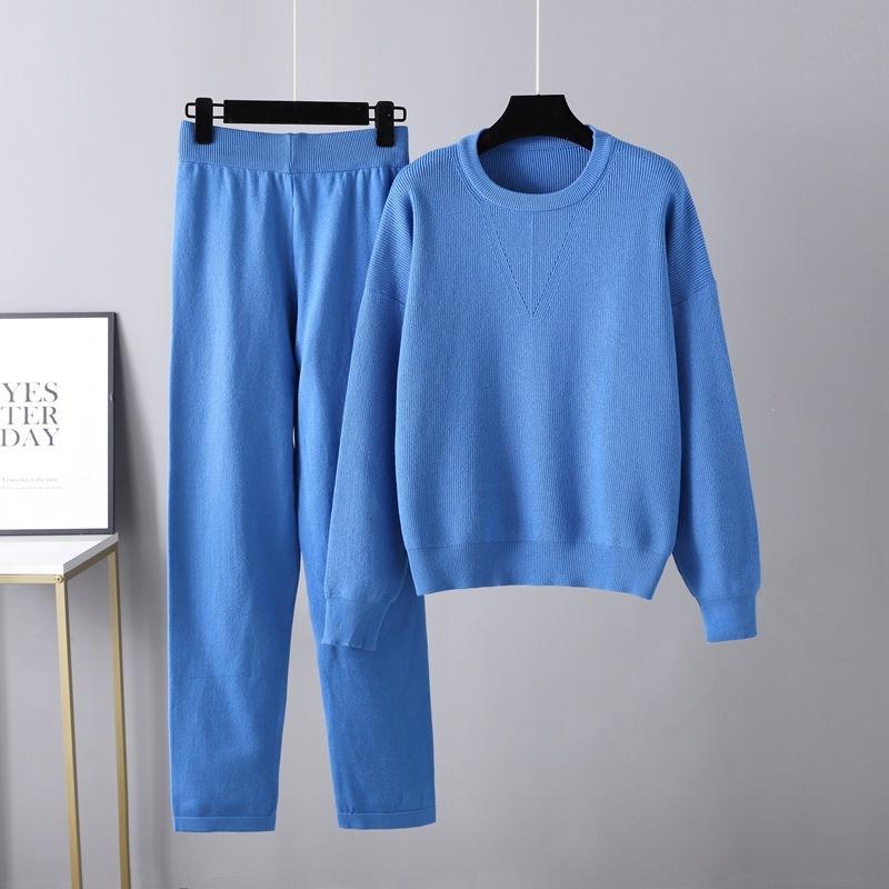 Autumn and Winter Large Size Fashion New Loose Casual Sweater Two-piece Set Solid Color Knitted Suit Female Trend