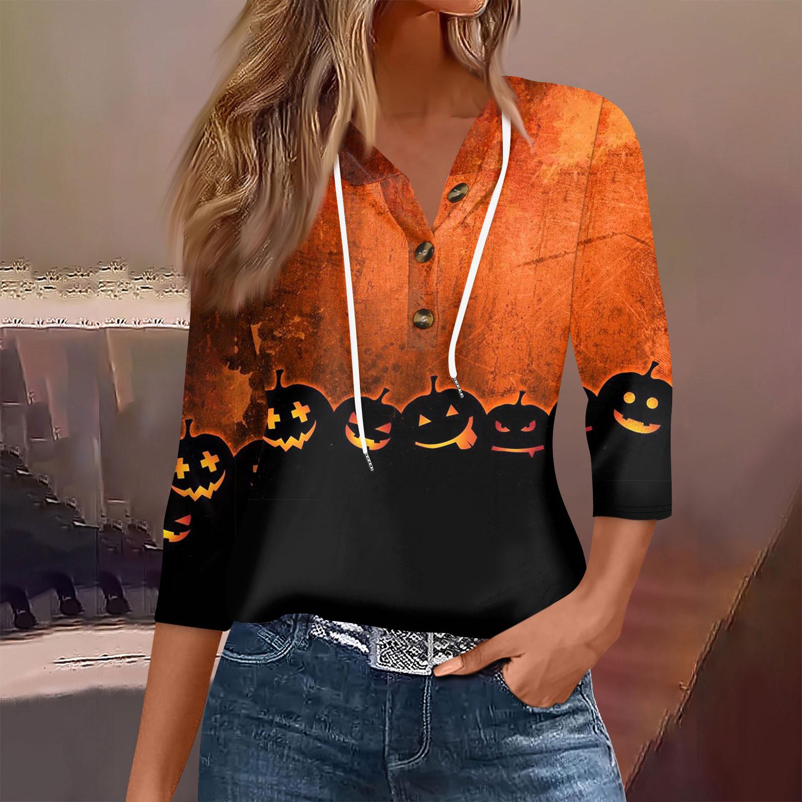 

Женская мода, повседневная футболка с капюшоном и принтом на Хэллоуин, семь рукавов, на пуговицах L жёлтый