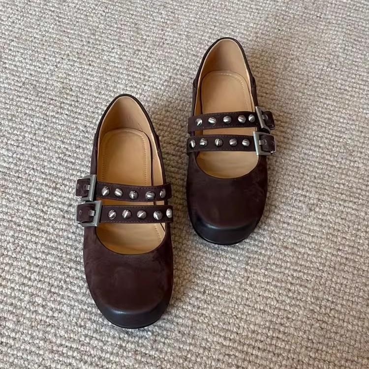 Sheepskin Version~ Stylish and Simple Rivet Double-breasted Shallow Mouth Single Shoes Women's Retro Leather Round Head Flat Mary Jane Shoes