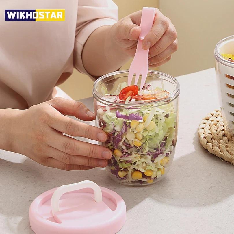 Doppelschichtiger Entwässerungs-Frühstückssalatbecher mit Gabel Multifunktionale Entwässerungsfunktion Mehrzweck Versiegelt Auslaufsicher