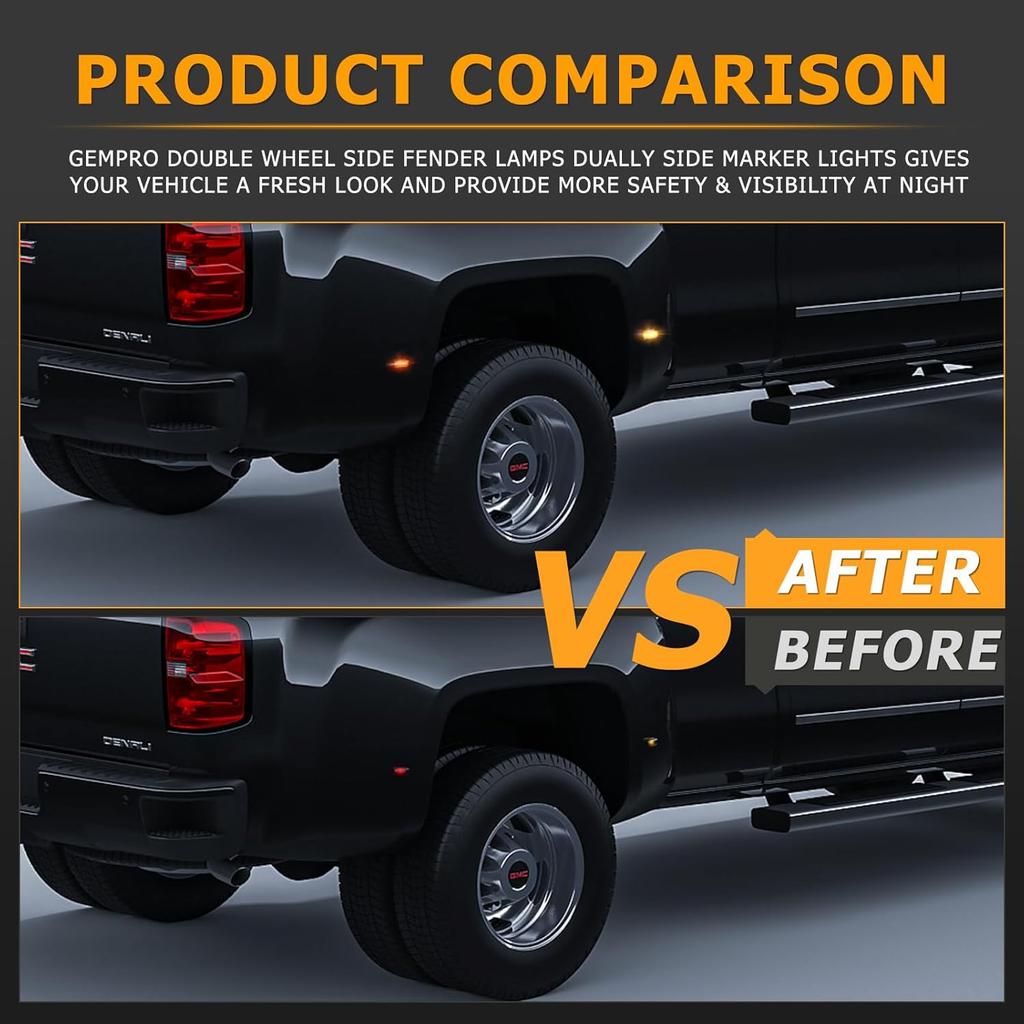 Gempro LED Dually Fender Side Marker Lights For 2015- Chevy Silverado GMC Sierra 2500 3500 Amber Red Dual Rear Wheel Bed Marker Lamps, Smoked Len