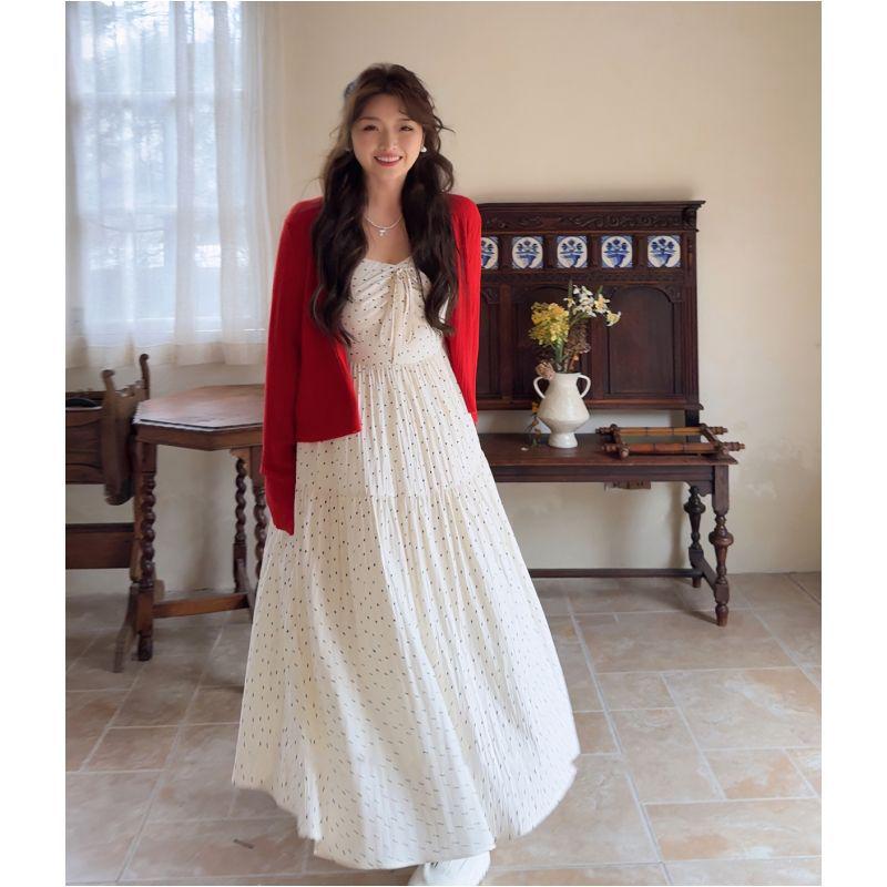 

Plus Size Retro Polka Dot Camisole Dress & Knit Cardigan Set for Women - High Waist Summer Tea Break Skirt. L (100-120 lbs)