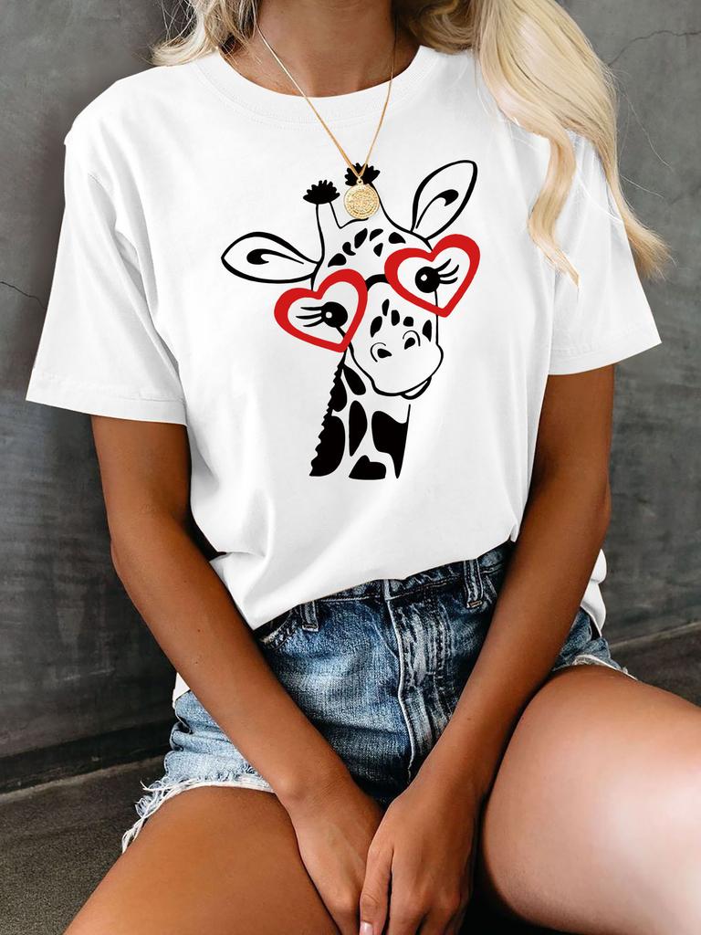 Womens Casual Sleeve Crew Neck TShirt Playful Giraffe Red Hearts Graphic Print Sleeved Harajuku Streetwear Aesthetic Clothes