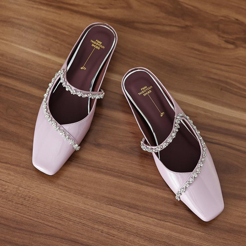 

205 summer new sheepskin inner height increase rhinestone bag head drag~ square head shallow mouth word with middle heel slippers outer wear women 39 фіолетовий