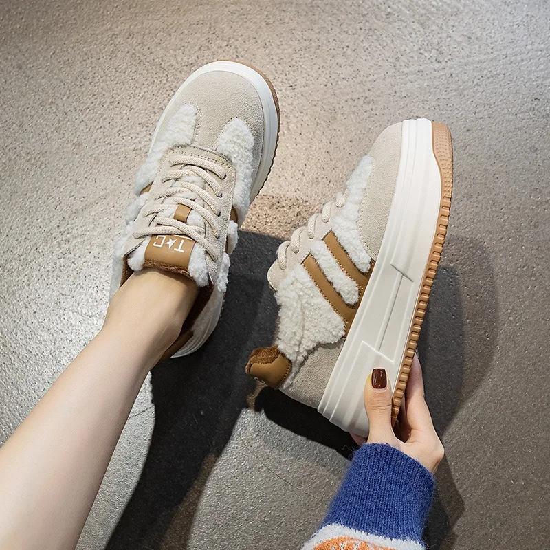 Fashion 6CM Pink Natural Genuine Leather Fashion Breathable Casual Women's Shoes Platform Warm Plush Winter Autumn Comfy Ankle Booties