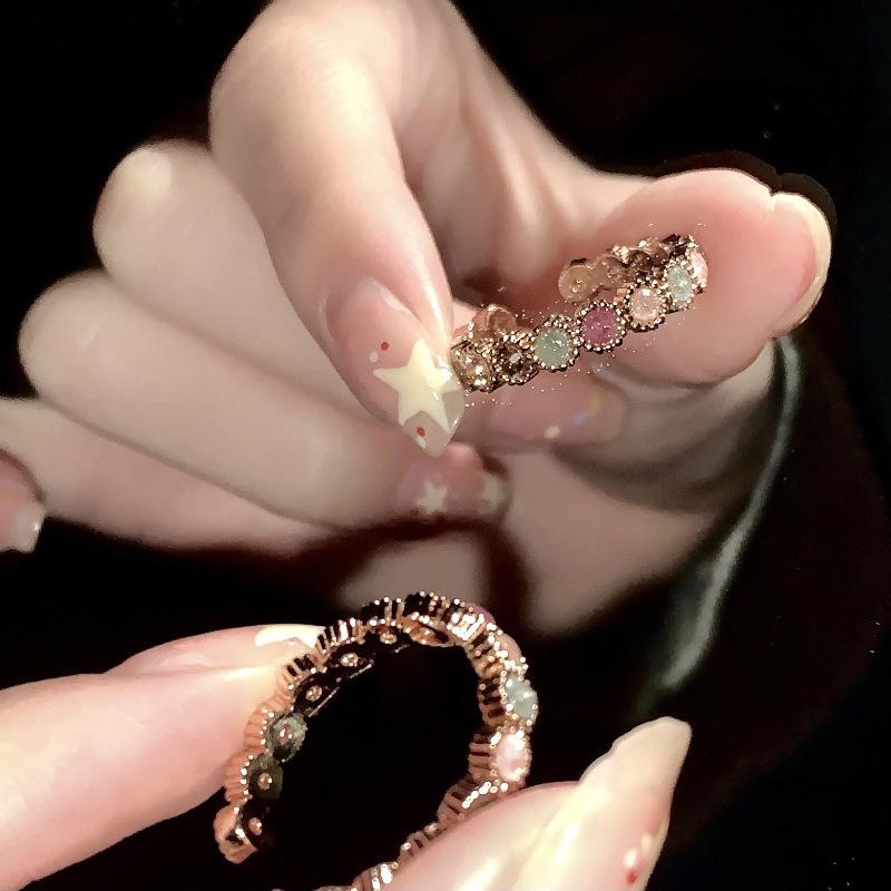 Vintage Niche Tourmaline Rainbow Ring Unique Foreign Style Senior Sense Light Temperament Open Index Finger Ring Daily Fashion Minimalist Jewelry