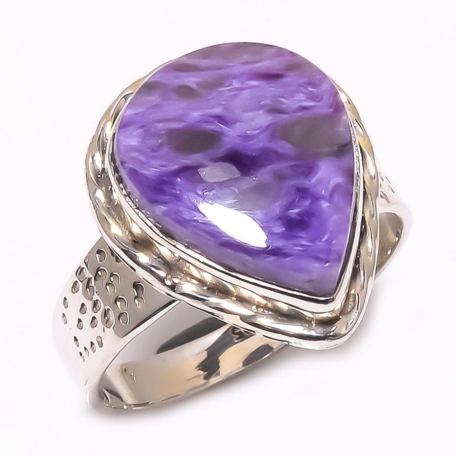 Кольцо из чистого серебра 925 пробы с натуральным чароитом, размер 9,5 o8a19