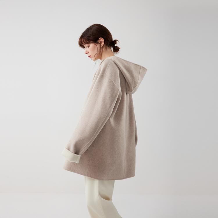 ELLE French Fashion Design Wool Blend Mid-Length Single-Breasted Casual Loose Hooded Two-Piece Double-Sided Wool Coat Women coats EN52147