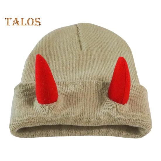 

Вязаная шапка-бини с рогами дьявола, зимняя шапка-череп для мужчин и женщин с рогами для катания на лыжах в холодную погоду, теплая вязаная шапка ручной работы с рогами демона бежевый