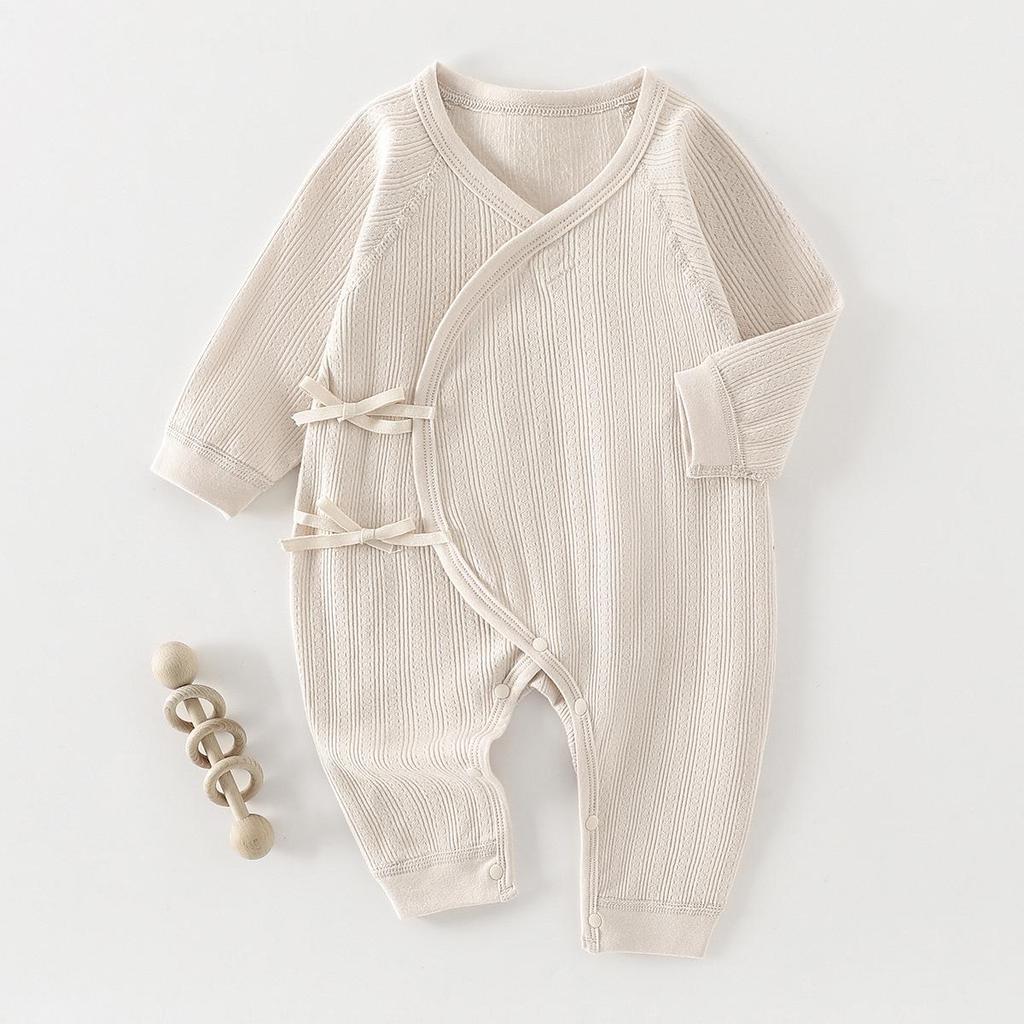 Pure Cotton Long-Sleeve Butterfly Bodysuit for Infants and Toddlers - Belly Protection, Lace-Up Design, One-Piece Home Wear, Spring