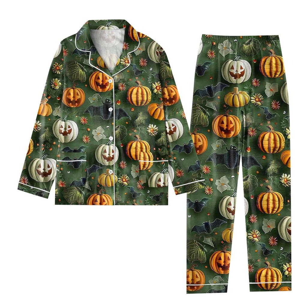 2-teiliger bedruckter Damen-Anzug, langärmelig, Oberteil mit Knopfleiste, weite Hosen, Anzug-Set, Schlafanzug, Home-Casual-Anzug