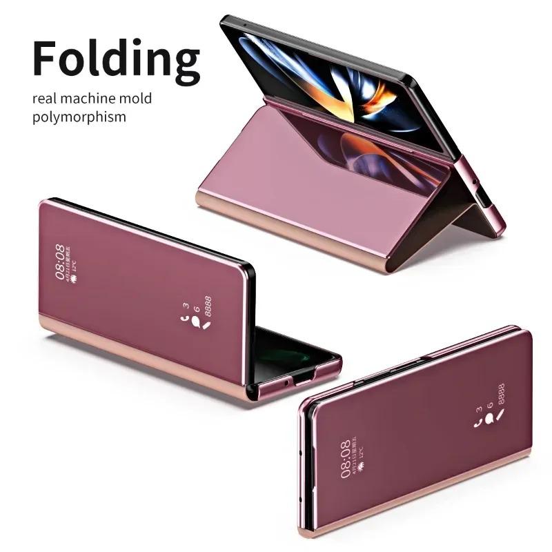 Flip Mirror Case Protective Cover Smart View Kickstand for Samsung Galaxy Z Fold 6 5 4 3 2 with Stand Holder Protector Metal Shockproof