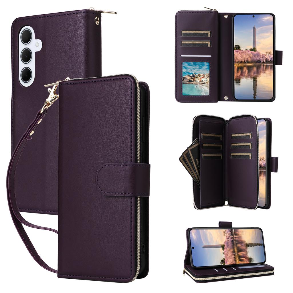 R20 For Samsung Galaxy A35 5G Case PU Leather Zipper Phone Cover with 2 Straps