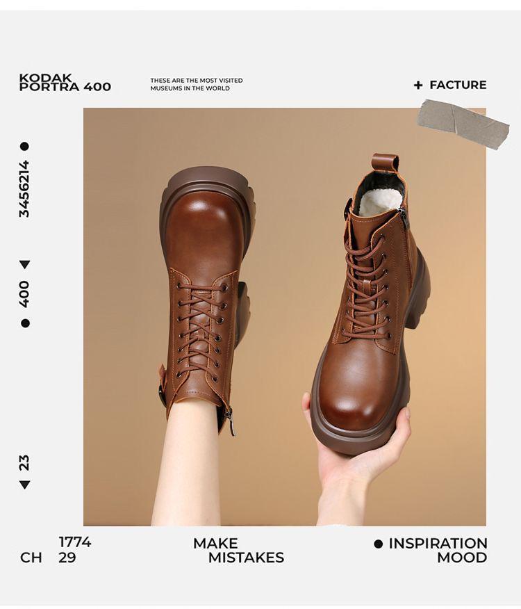 Women's Winter Leather Snow Boots, Thick Sole, Fleece-Lined, Warm Cotton Martin Ankle Boots