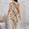 Women Plus Size Sleeveless Round Neck Midi Bodycon Dress Dark Blue Plum Branch Print Slim Fitted Dress