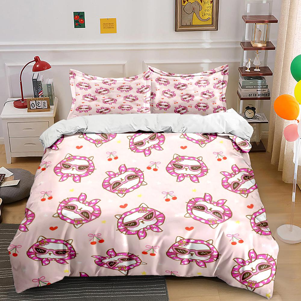 Cartoon Cat With Cherry Design Pattern Duvet Cover Set Digital Print Colorful Polyester Bedding With Zipper Closur For Kids Gift