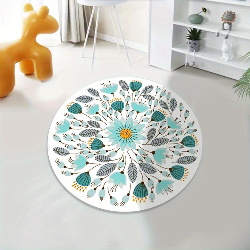 Crystal Velvet Carpet1pc Round AntiSlip Washable Mat With Floral Pattern Teal And Blue Leaf Design, Soft Polyester Material, Per