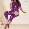 Women Plus Size Floral Printed Two Piece Set Round Neck Short Sleeve Light Green Fitted Long Pants Set