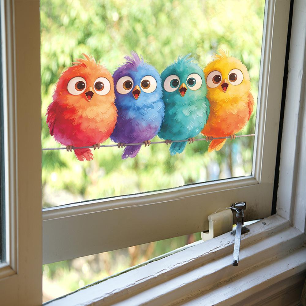 Cartoon Painted Bird Static Cling Window Sticker Outdoor Balcony Glass Removable UV Resistant Self-Adhesive Home Decor Art