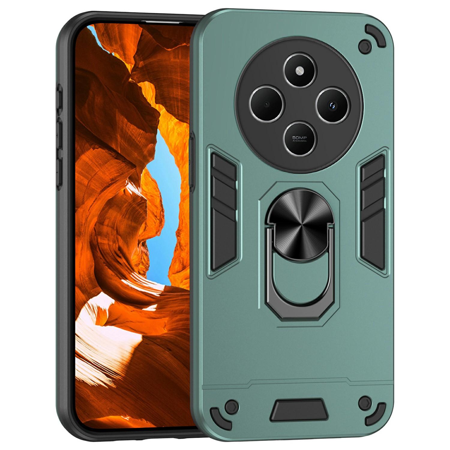 

For Xiaomi Redmi 14C 4G/14R 5G/Poco C75 4G Case PC+TPU Drop Defend Phone Cover with Ring Kickstand Green
