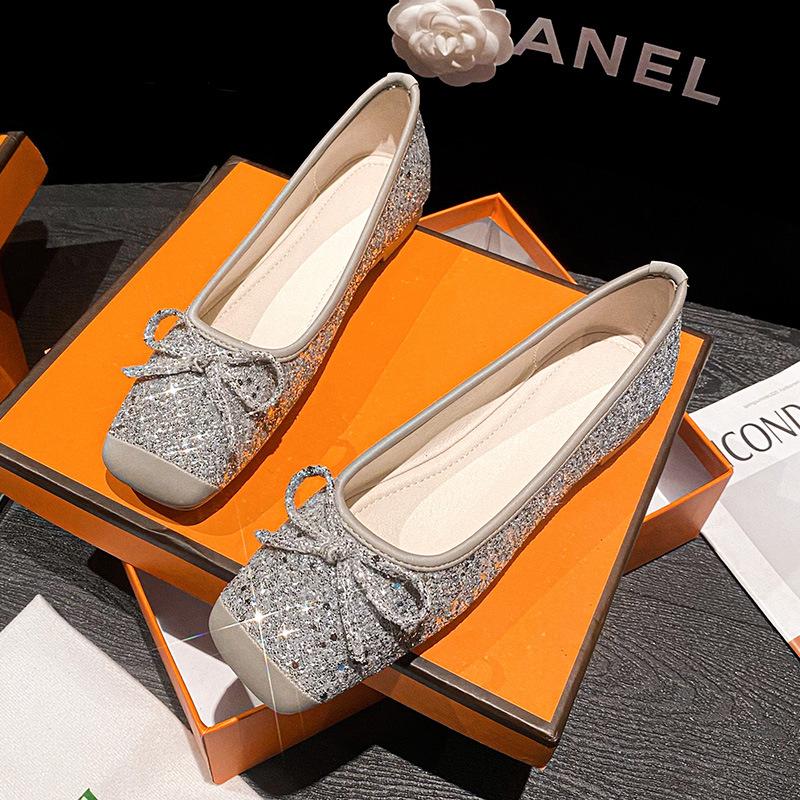 Módní Elegantní Dámské Třpytivé Flitrové Baleríny Jaro Žena Mašle Baletky Bling Zlaté/Stříbrné Kancelářské Šaty Mokasíny Naboso