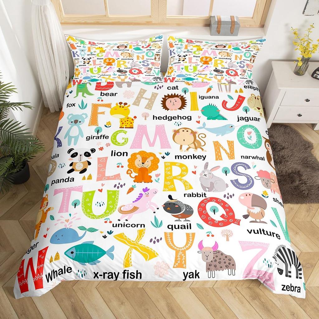 Outer Space Planet Galaxy Duvet Cover Twin King Kids Cartoon Bedding Set ABC Alphabet Learning Comforter Cover with 2 Pillowcase
