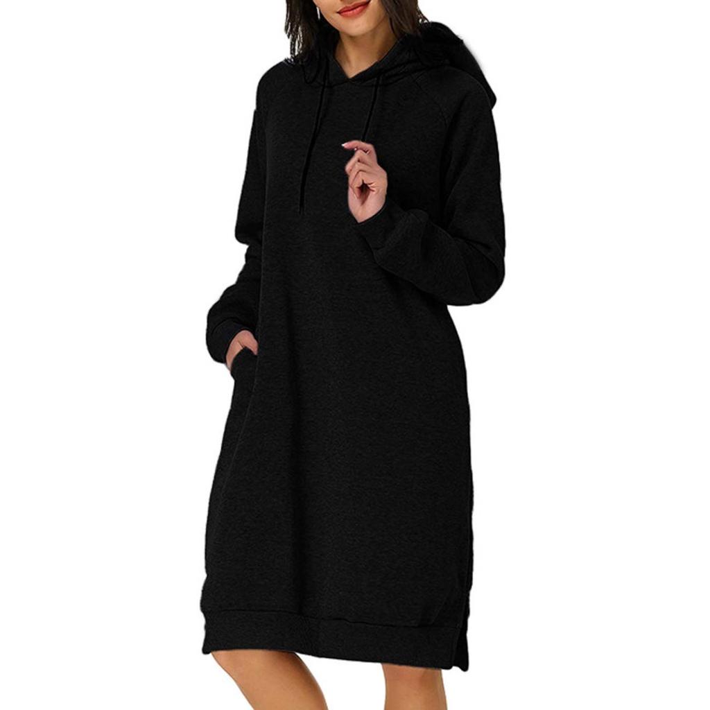 Women Fashion Casual Long Sleeve Solid Color Pockets Hat Loose Sweater Tops